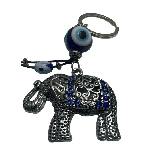 Elephant Evil Eye Protection Keychain Silver and Blue - Picture 2 of 3